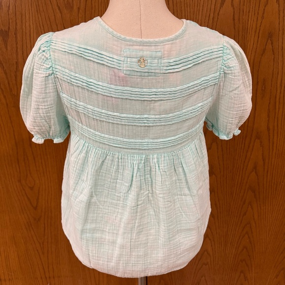 NWT Simplify Southern Babydoll Seafoam Short Sleeve Shirt Cotton Gauze Pintuck - Picture 2 of 14